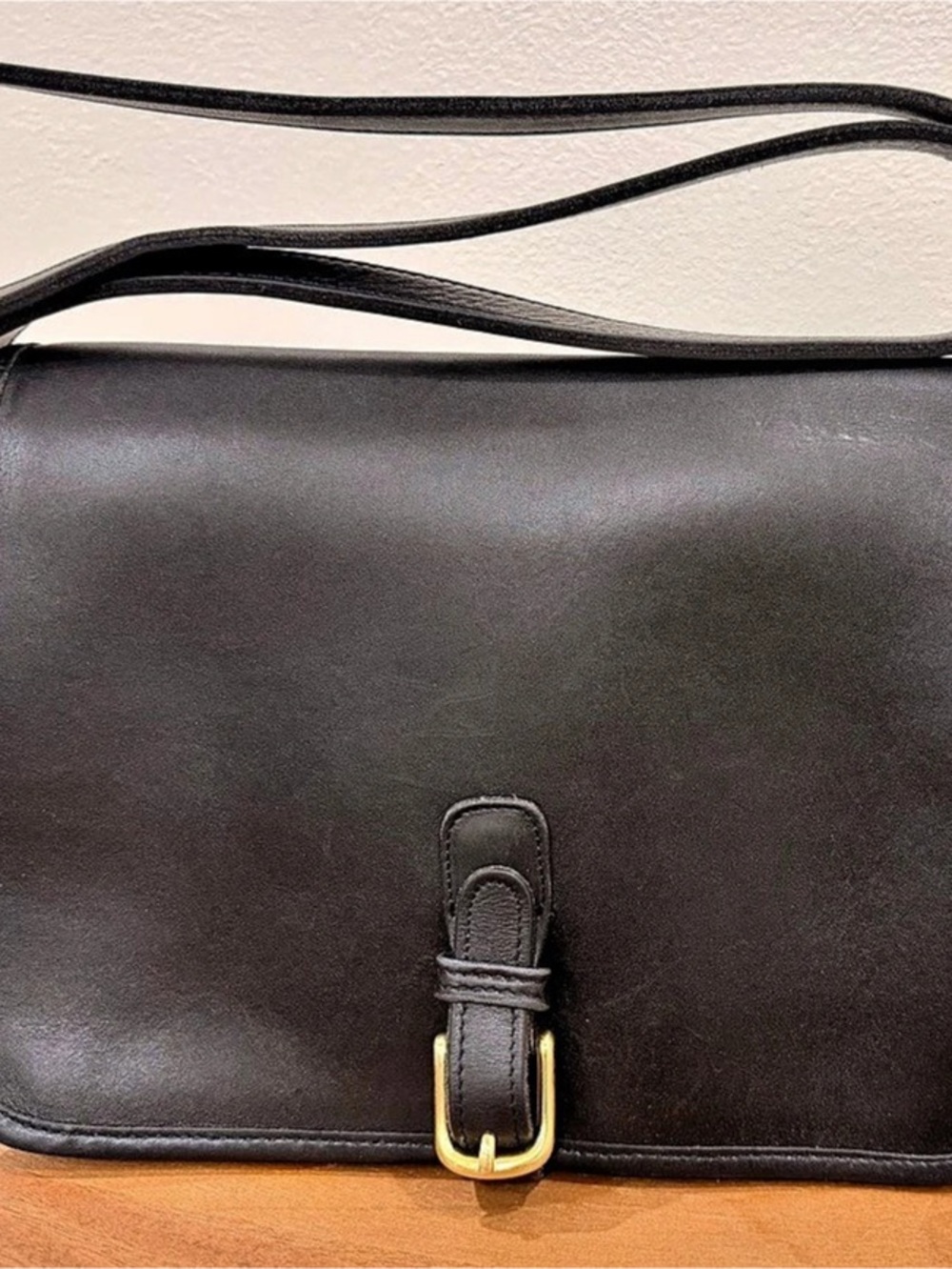 Vintage Coach NYC Black Leather Large Saddle Pouch Crossbody Bag #9585
